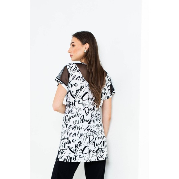 Women's Sheer Tunic Top Size L Black White Print Scoop Neck Artex Fashions NWT - Picture 2 of 3